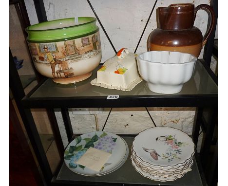 Royal Doulton Dickens ware jardiniere, Doulton Stoneware jug, jelly mould, Art Deco butter dish, Arita plates and set of 8 Ro