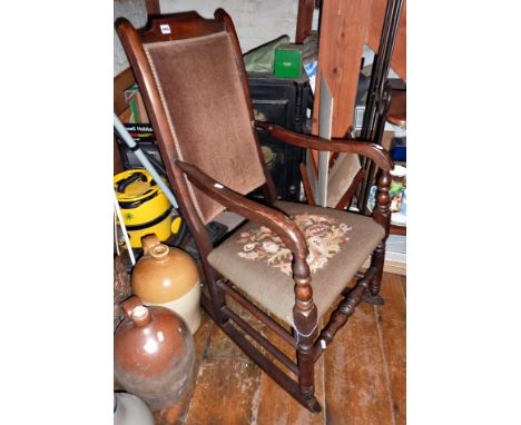 Upholstered oak rocking chair with tapestry seat