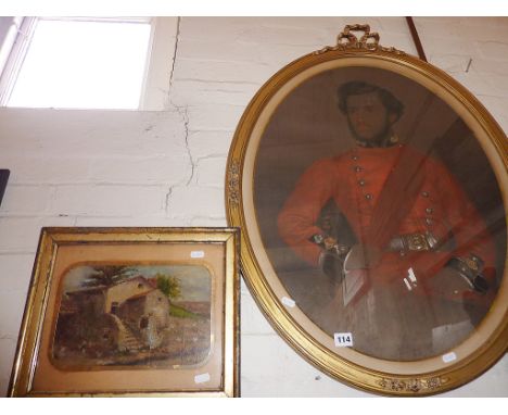 Large 19th c. oval pastel portrait of an Indian Army officer, and a small 19th c. oil on canvas of a Continental farmhouse