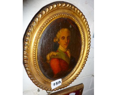 Small early 19th c. oil portrait on board of a young Army Officer, in oval gilt frame