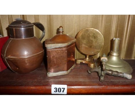 Assorted metalware, copper tea caddy, miniature brass tilt-top table etc.