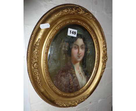 19th c. oval portrait of a foreign lady, in giltwood frame