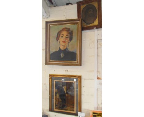1950s oil portrait of a glamorous lady, an oil on board of Christ, and a humorous oil painting of a butler, signed J.J. Halme