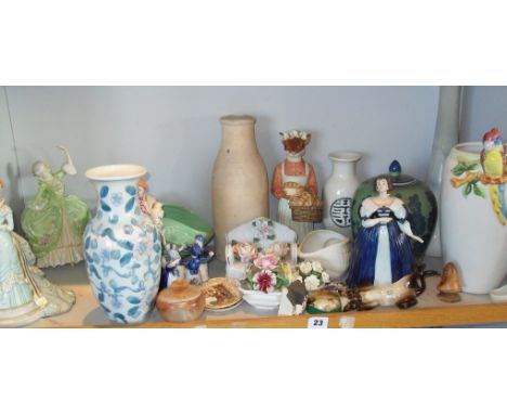 Shelf of assorted china & pottery including vases & figurines etc