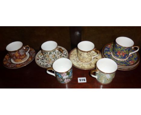 Collection of six coffee cans and saucers decorated with different William Morris Arts & Crafts patterns, from a series by th