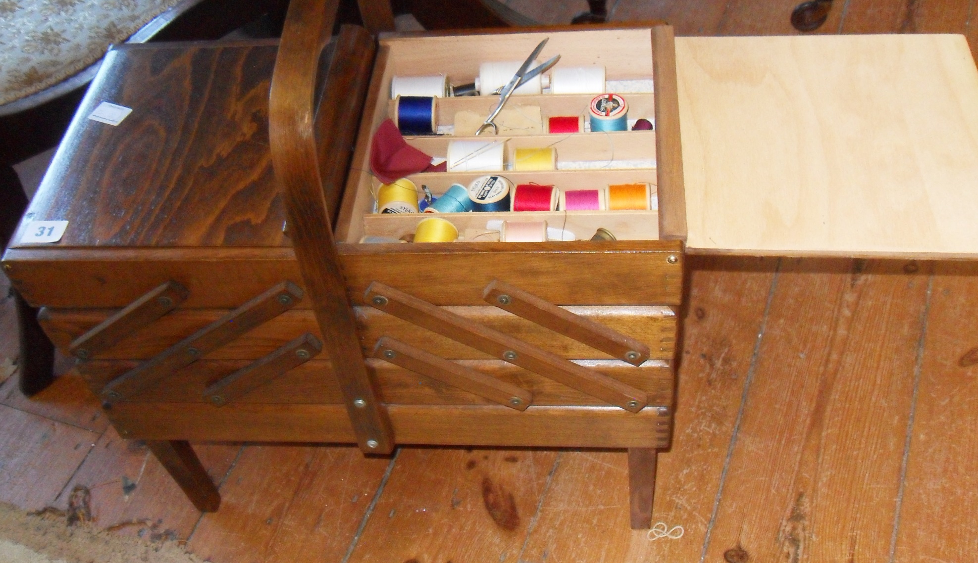 Sewing box on legs with contents