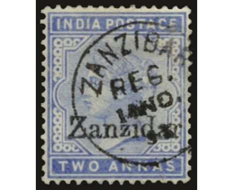 1895-96 Overprints on India, 2a pale blue variety "Zanzidar" (SG 7j), used by neat large part cds for 14 No 95, light surface