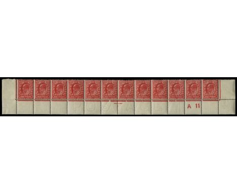 1911 Perf 14 1d aniline rose (SG 275a), complete lower marginal strip of 12 with A11 control, two stamps with perf faults at 