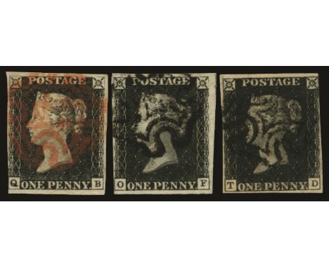 1840 1d black, three used examples comprising plate 4 (QB) with red MC, plate 5 (OF) and plate 9 (TD) both with black MCs, fi