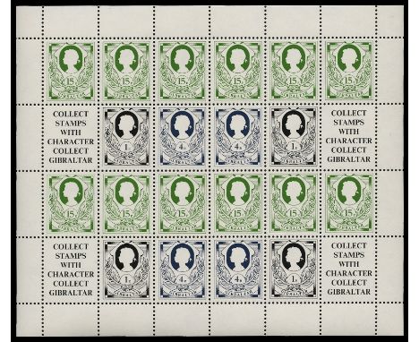1981 QEII booklet pane of 6 comprising 1p black, 4p Prussian blue and three 15p light green plus printed label (SG 451a) an u