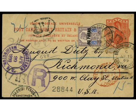 1899 April 18, Great Britain 1d vermilion postal stationery card sent registered-AR to August Dietz in USA, up-rated with 188