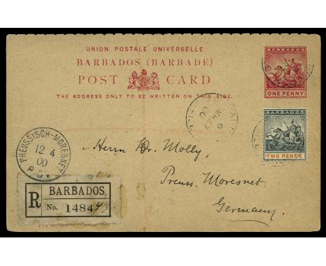 1900 March 27, Front half of 1d + 1d red postal stationery reply card, H&G 10, sent registered to Germany, up-fated with 1899