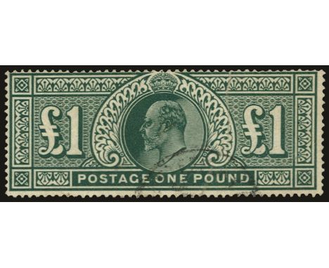 1911-13 £1 deep green (SG 320), ironed-out vertical crease at right (apparent from face) and typical centring for this stamp,