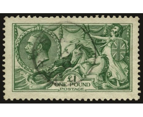 1913 Waterlow printing £1 green (SG 403), a few shortish perf but above average centring and used by light Guernsey cds, cat 