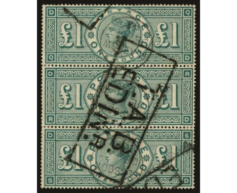 1887-92 £1 green (SG 212), vertical strip of 3 (QD-SD) each used by light Glasgow cds for De ? 93 and by single telegraphic b