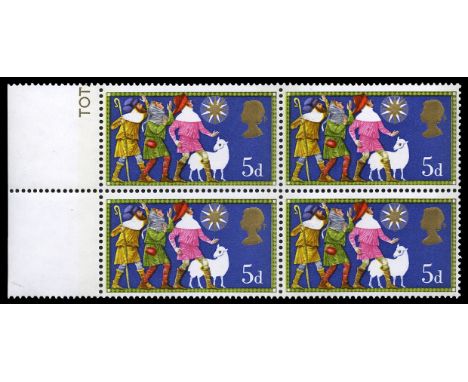 1969 5d Christmas left marginal block of four with light blue (Sheep, etc) omitted (SG 813a), fine u/m, offered with normal f