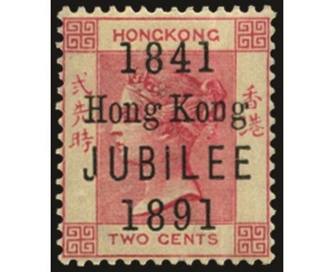 1891 50th Anniversary of Colony 2c carmine (SG 51), showing unlisted varieties damaged 'n' of 'Kong' and nick in foot of 'J' 