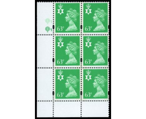 Northern Ireland:1993-2000 63p light emerald, Questa litho printing (SG NI77), plate Q1, Q1 block of 6 showing type A (rounde