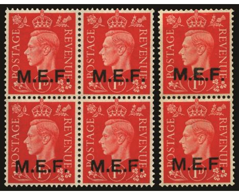1942 1d scarlet type M1 overprint in block of four, the lower right stamp with Sliced 'M' also vertical pair with type M2 and