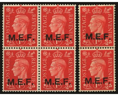 1942 1d scarlet type M1 overprint in block of four, the lower right stamp with Sliced 'M' also vertical pair with type M2 and