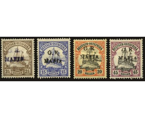 Mafia Island: 1915 (Jan) handstamp type M1 on German East Africa, 2½h brown, 15h ultramarine, 20h black and red/yellow and 45