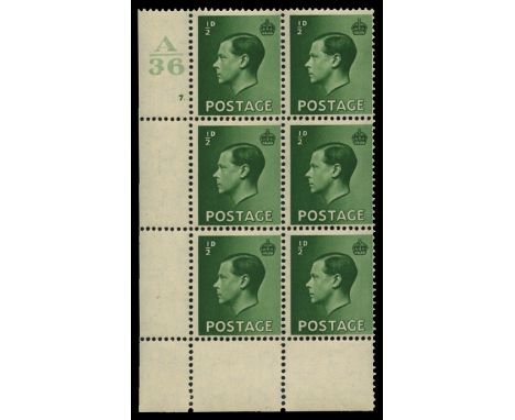 1936 ½d green lower left corner block of six (2 x 3) control A36 cylinder 7 dot, stamp six variety 'Pearl beside Crown strip 