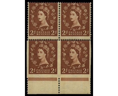 1960-67 2d light red-brown with two phosphor bands, lower marginal block of four, the lower pair imperforate on 3 sides (SG 6