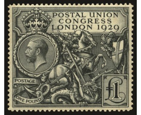 1929 9th Postal Union Congress £1 black (SG 438), light vertical crease at right and patchy gum tones (just visible from face