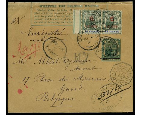 1899 June 14, 4c on 3c green/light brown postal stationary wrapper sent registered to Gand (Belgium) and up-rated with 6c on 