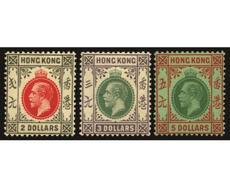 1921-37 $2 carmine-red and grey-black, $3 green and dull purple and $5 green and red/emerald, watermark script (SG 130/32), $