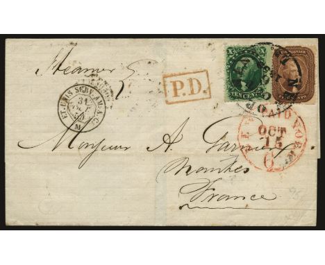 1859 October 6 cover from New Orleans to Nantes, France, 15c rate pair by 1857-61 5c brown, type I and 10c green type V (SG 3