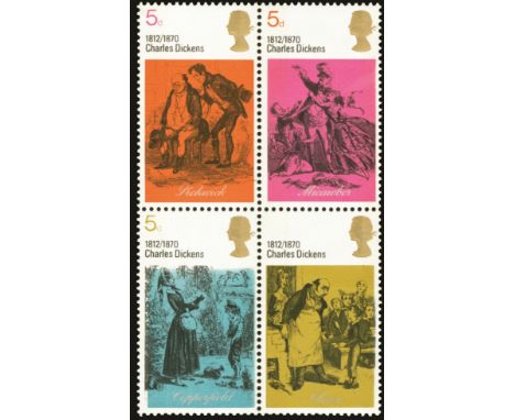 1970 5d Literary Anniversaries block of four with light greenish blue omitted (SG 827c), fine u/m, offered with normal block 