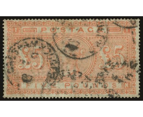 1867-83 Watermark Anchors on blued paper: £5 orange (SG 133), light creasing and somewhat faded, good used by several Gresham