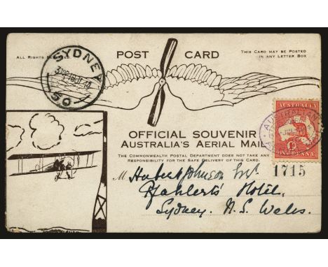 Airmails: 1914 July 16, Australia's First Official Airmail, souvenir postcard franked 1913-14 1d 'Kangaroo' tied by oval "AUS