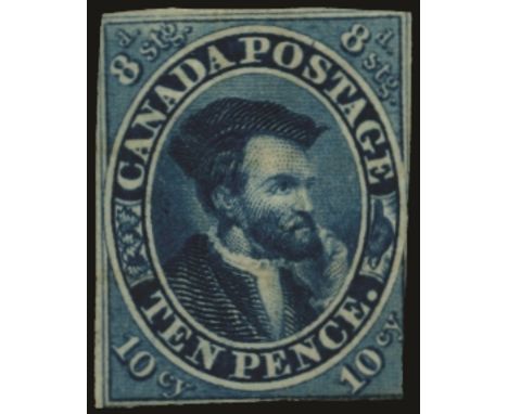 1852-57 10d bright blue 'Cartier' on medium hand-made wove paper (SG 13), lightly cut-into at lower right, touched at foot an