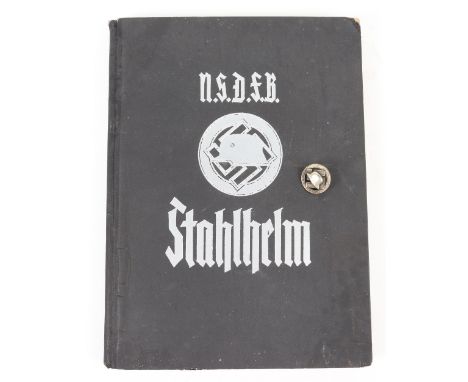 Third Reich NSDFB Veterans Association Pin Badge and Organisation Book, small circular pin back badge with helmet over centra