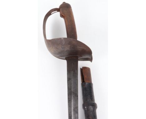 British 1899 Pattern Cavalry Troopers Sword, with steel dish type guard, wooden grip with cross hatch design. Slightly curved