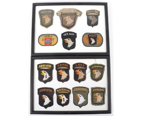 American 101st Airborne Cloth Insignia, two frames of cloth badges, various types and some which appear to be theatre made (V