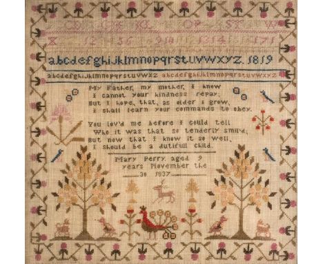 *Sampler. A linen sampler by Mary Perry, 30th November 1837,  worked in cross-stitch in a variety of coloured threads, with a