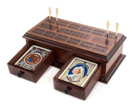 *Cribbage. A Victorian wooden cribbage box,  mahogany box with inlaid top and two drawers, 125 x 240 x 70mm (5 x 9.5 x 3ins),