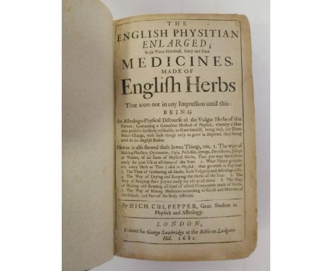 Culpeper (Nicholas). The English Physitian Enlarged; with Three Hundred, Sixty and Nine Medicines, made of English Herbs That