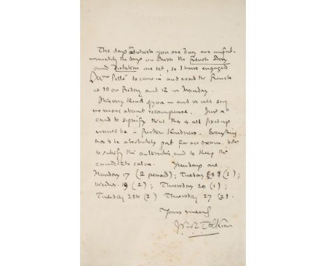*Tolkien (John Ronald Reuel, 1892-1973). Autograph letter signed, 'J.R.R. Tolkien', 20 Northmoor Road, Oxford, 4 July 1939,  