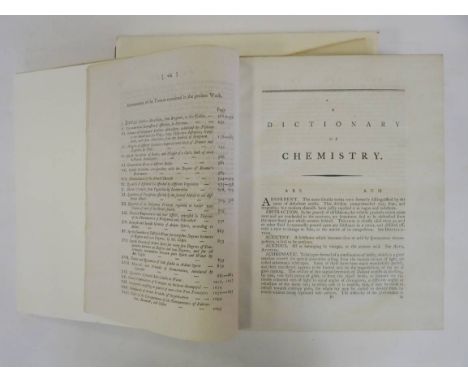 Nicholson (William). A Dictionary of Chemistry..., 2 volumes, 1st edition, 1795,  4 engraved plates including 2 folding at re