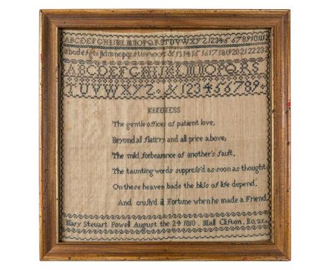 *Samplers. A pair of linen samplers, by Mary Steuart Powell and Sarah Steuart Powell, 1810,  worked in fine cross-stitch and 