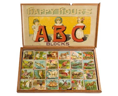 *ABC. Happy Hours, ABC Blocks, circa 1890s,  twenty-four pictorial wooden alphabet blocks, each with a letter (or two) on one