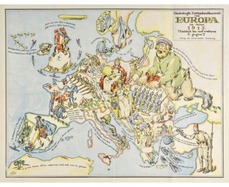 Satirical map. Gedrängte Fruhjahrsubersicht von Europa im Jahre 1915. Masstab bis auf weiteres 3 gegm 7, published Lucas graf