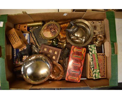 A mixed collection of items to include silver plate, brass, novelty oil lamp, games, tins, wooden book case, inkwell etc. 