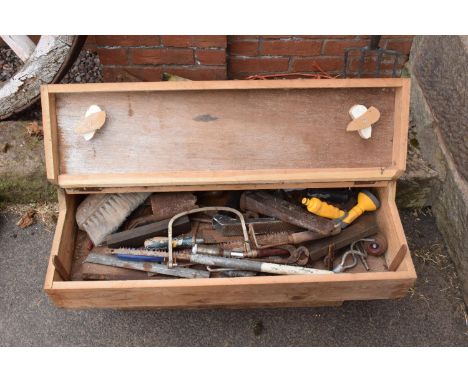 A wooden 20th century tool chest to include the contents including tools etc. NO POSTAGE. 
