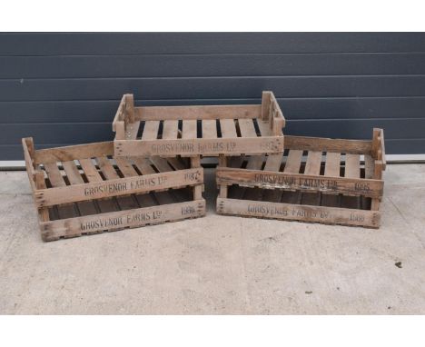 A collection of 5 vintage wooden potato trays / crates from Grosvenor Farms Ltd. 76 x 53 x 17cm. Generally in good functional