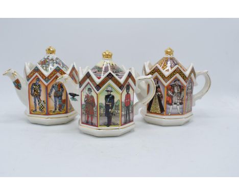 A collection of James Sadler octagonal teapots to include The Tower of London, The Battle of Agincourt and King Henry VIII an